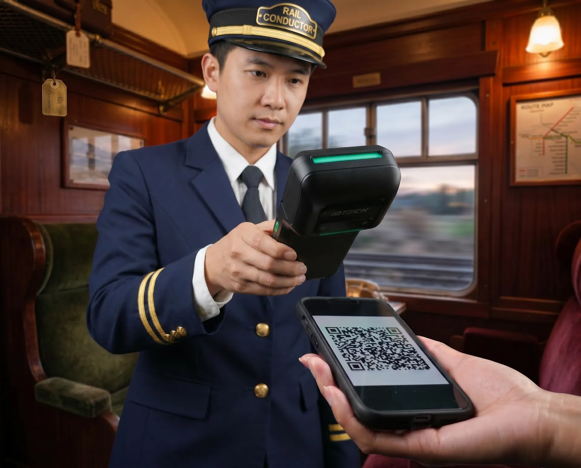Train conductor uses a handheld scanner to read a QR code on a passenger's phone aboard a rail car.