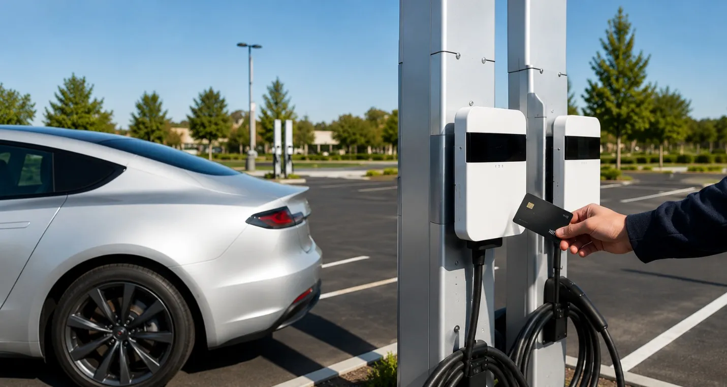 A driver taps a payment card at an outdoor EV charging station.