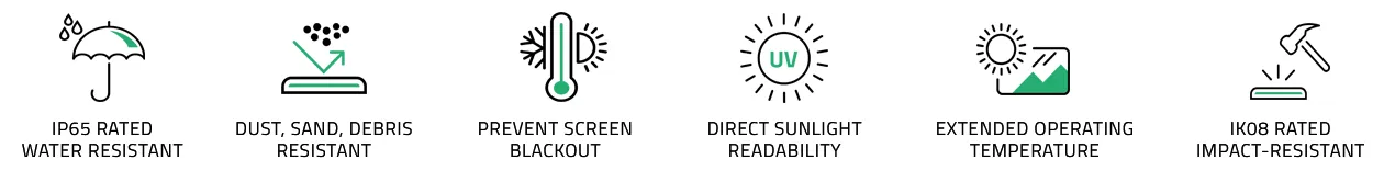 Durability features: IP65 water resistance, dust and debris resistance, screen blackout prevention, direct sunlight readability, extended operating temperature, and IK08 impact resistance.