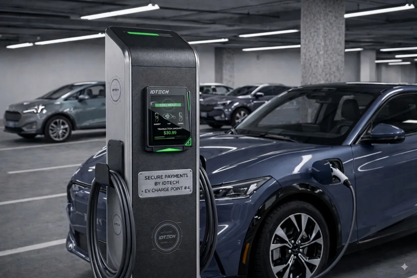 Un vehículo eléctrico cargando junto a un terminal de pago de ID TECH que muestra una pantalla de pago sin contacto en un aparcamiento.