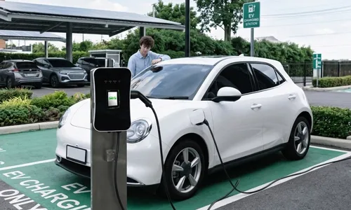 Un conductor conecta un coche eléctrico blanco en una estación de carga exterior equipada con un lector de pagos.