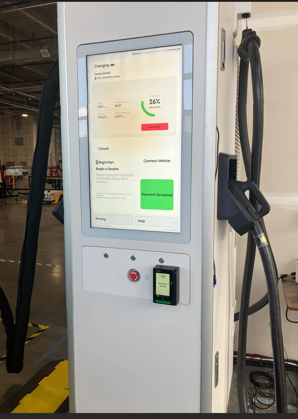 Electric Era DC fast charging station displaying a live charging session and a 'Payment Accepted' message, with an ID TECH contactless card reader mounted below the touchscreen.